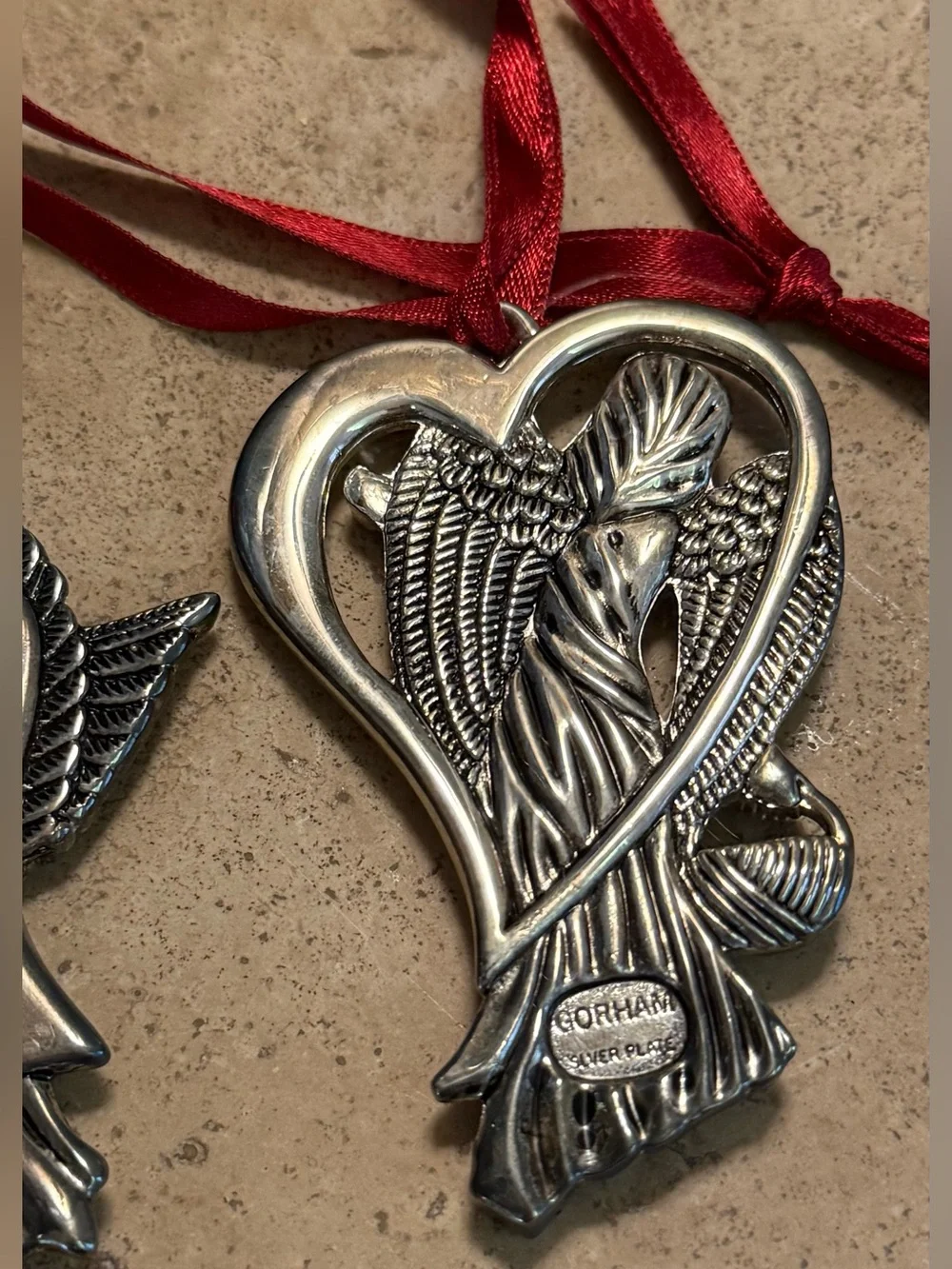 Vintage Gorham Silver Plated Angel Heart Ornaments - Set of 2 (Peace & Love)